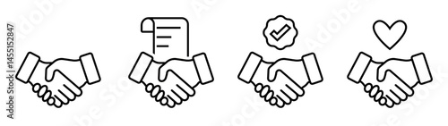 Set of outline handshake icons representing contract, partnership, agreement, trust, and love, perfect for vector illustrations, business graphics, and user interface design elements