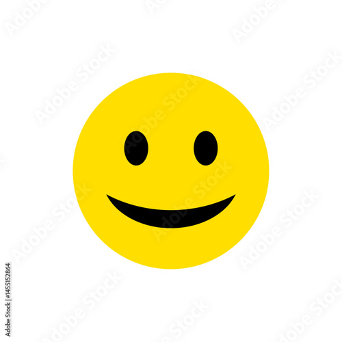 Bright yellow vector illustration of a classic smiley face emoji with round black eyes and a curved black smile, perfect for cheerful icons, social media graphics, and UI expressions.