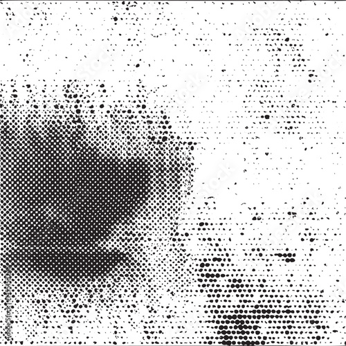 A textured black and white abstract with scattered dots.