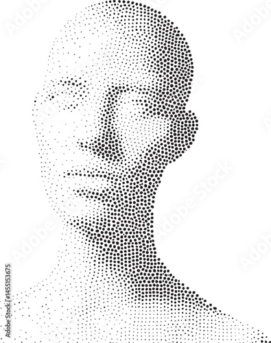 A striking black-and-white portrait depicts a human head constructed from numerous small evenly spaced dots.