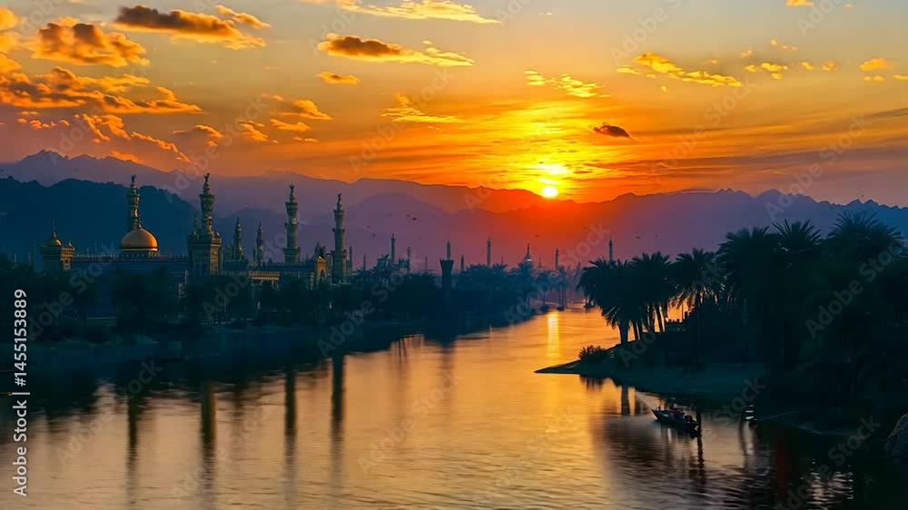 Sunrise over water silhouette of building and palm trees landscape scenery Sunrise over water silhouette of building and palm trees landscape scenery