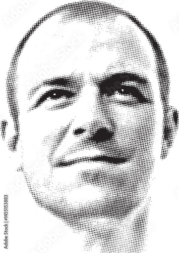 A grayscale portrait of a man with a contemplative expression.
