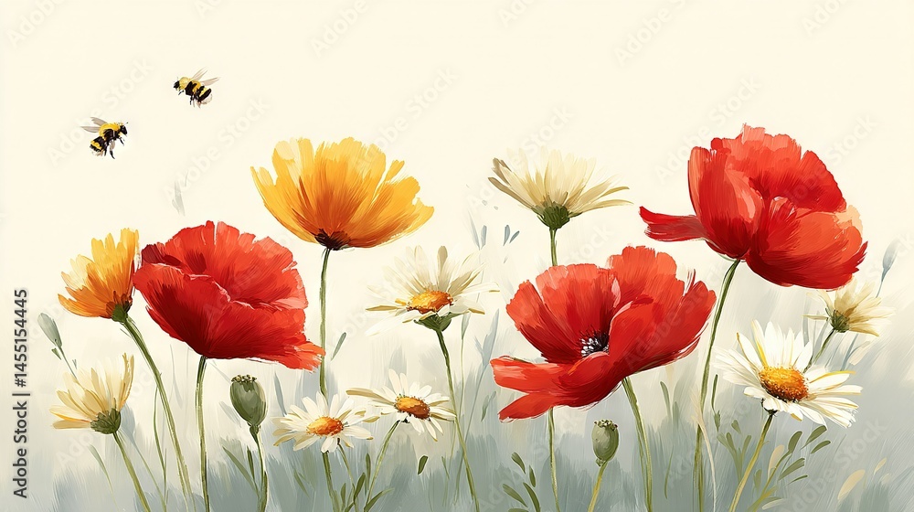 Fototapeta premium Red, yellow, and white flowers surround a central bee on a white canvas