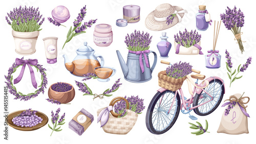 Lavender cartoon flowers and decorations set. Funny garden lavender branch and wreath, rustic bicycle, cosmetics and perfume. Herbal gift of Provence mascot, cartoon collection vector illustration