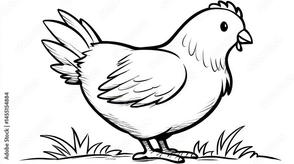 Cartoon chicken outline with grass in simple black and white style Cartoon chicken outline with grass in simple black and white style