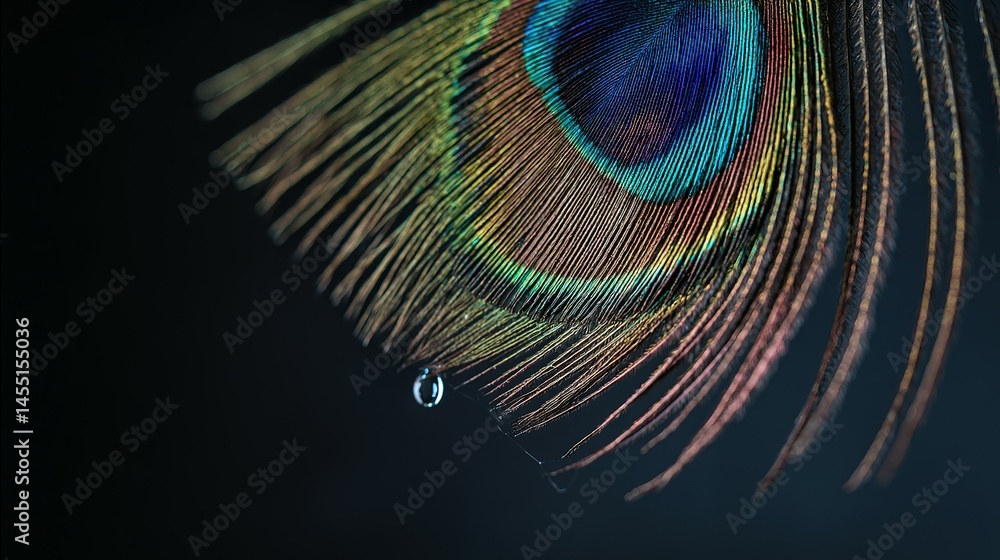 Obraz premium Close-up view of a vibrant peacock feather with a water droplet.