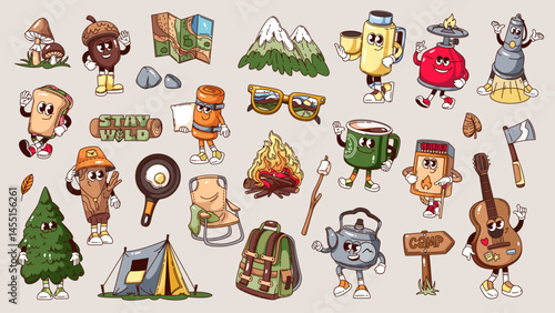 Groovy camping cartoon characters and stickers set. Funny retro forest camp elements and happy personages. Camping, outdoor adventure mascots, cartoon collection of 70s 80s style vector illustration