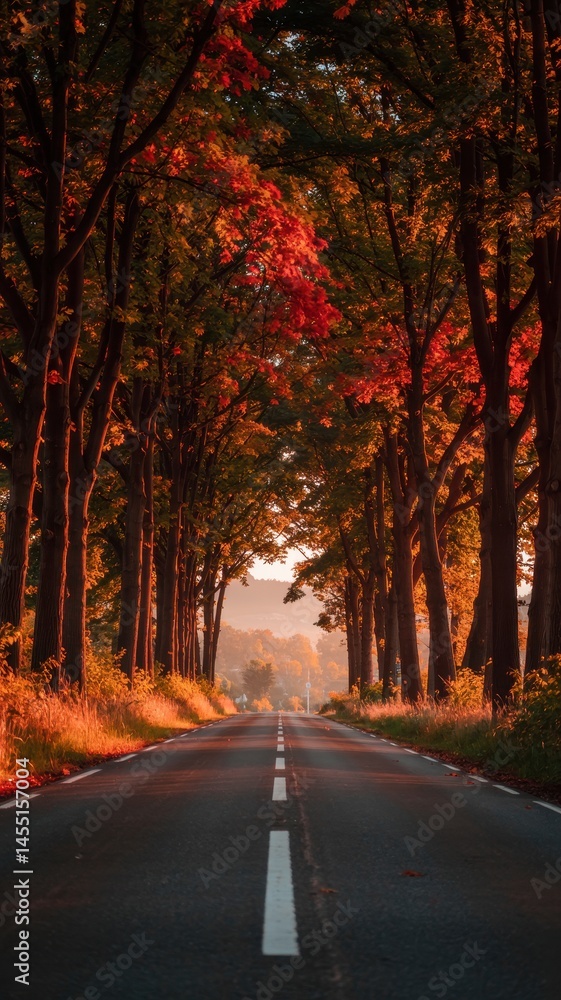 Fototapeta premium Vibrant autumn road flanked by red trees under soft golden sunlight