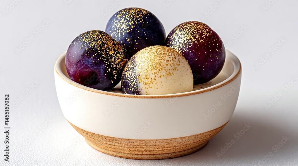 A zoomed-in photo of a bowl full of eggs, displaying tiny spots on their surface and at the base of the container A zoomed-in photo of a bowl full of eggs, displaying tiny spots on their surface and at the base of the container