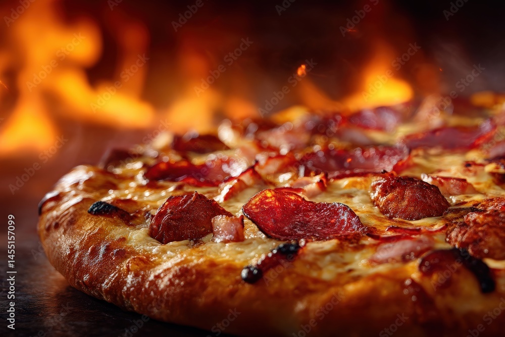 Close-up of a delicious meat pizza fresh from the oven, with warm, inviting colors and textures. Close-up of a delicious meat pizza fresh from the oven, with warm, inviting colors and textures.