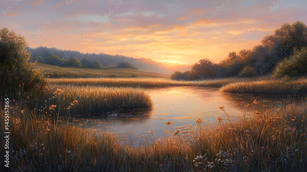 Fototapeta premium Serene Dawn: A Natural Light Embrace Over a Tranquil Meadow Basking in Pastel Hues and Morning Dew