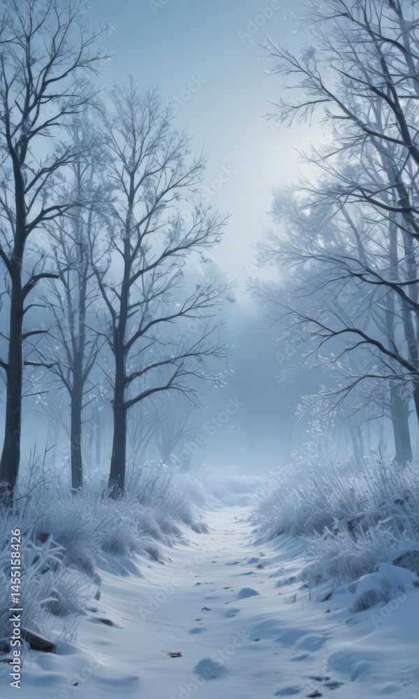 Fototapeta premium Frosty blue landscape, snowflake silhouettes against frozen trees , frost, outdoors, elegant