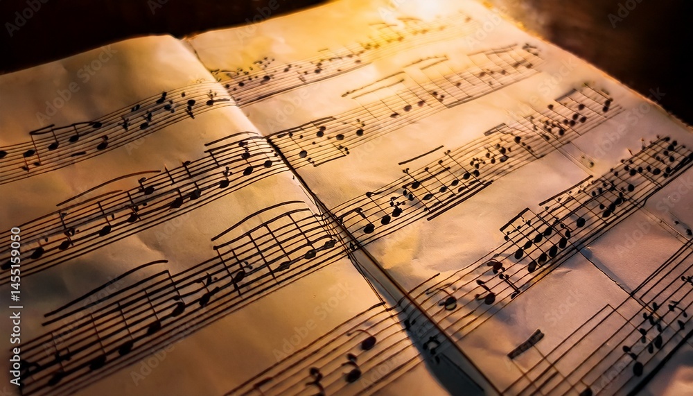 Fototapeta premium close up music sheet with musical notes sheet music background with metallic notes musical score composition musical symbols on paper melody harmony tune creative composing background elegant