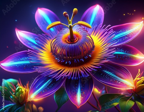 futuristic glowing passion flowers in beautiful colors on a dark background