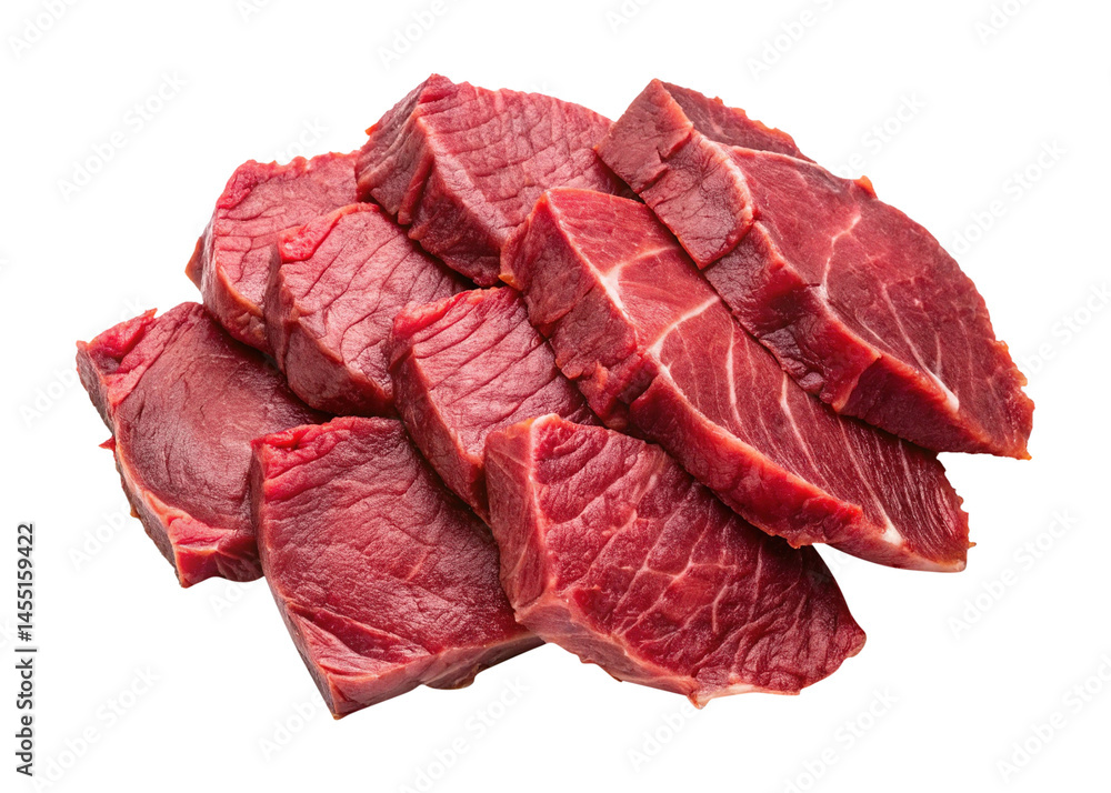 Fototapeta premium Closeup view of several pieces of raw red beef steak isolated on white background