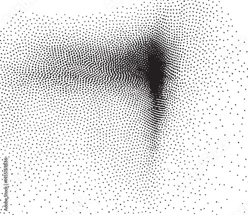 A black void dominates a textured white surface with numerous small dots.