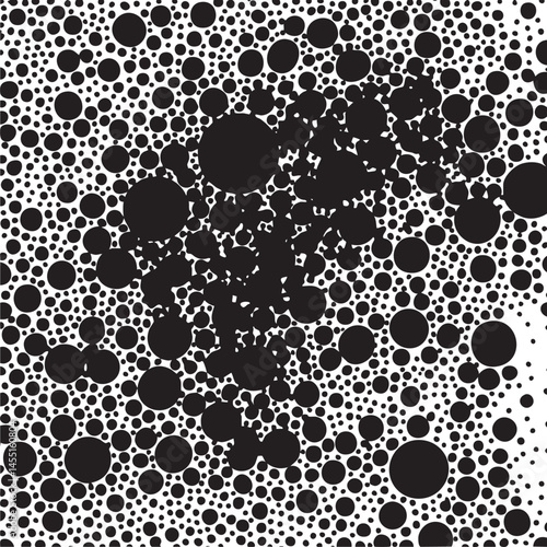 A dense field of overlapping black and white circles creates a dynamic textured .