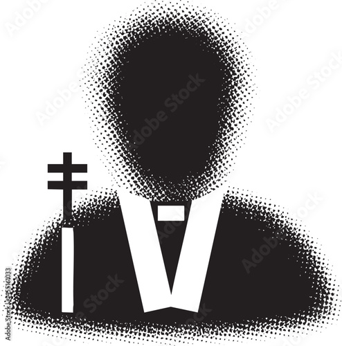 A shadowy figure wears a dark vestment with a prominent cross emblem.