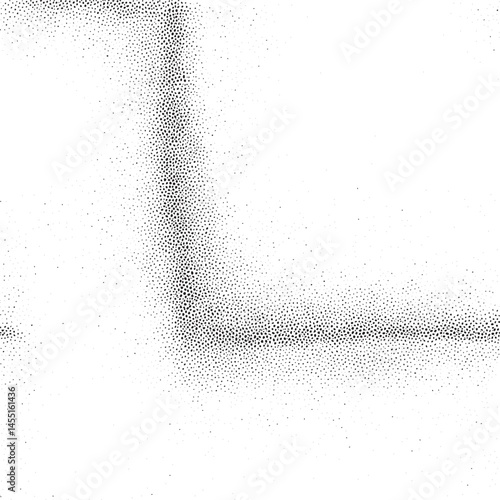 A densely packed arrangement of tiny black dots forms a sharp diagonal against a white background.
