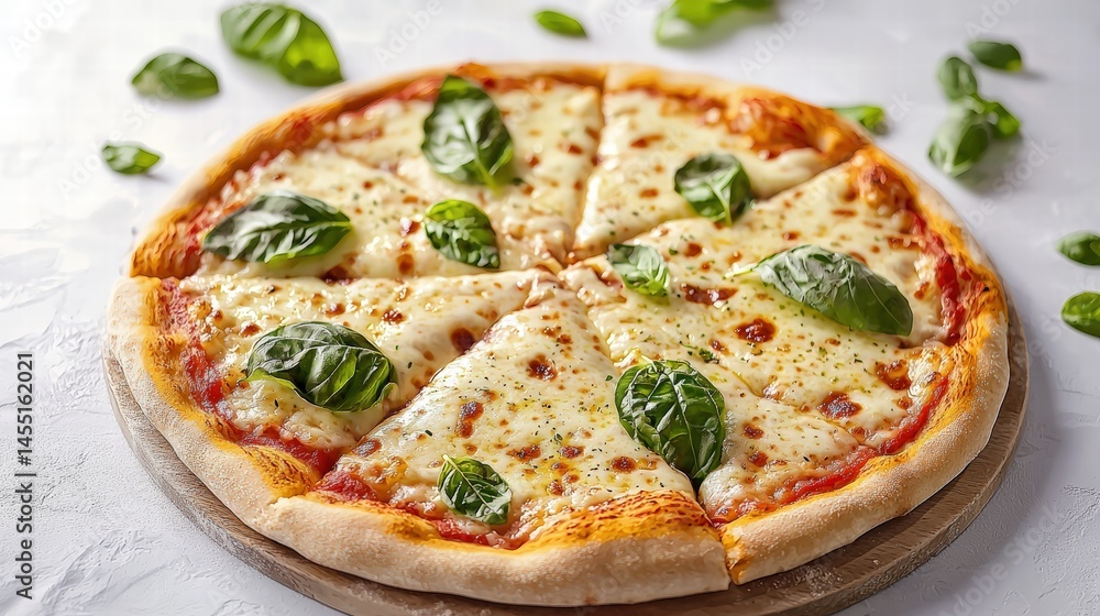 Freshly baked cheese pizza topped with vibrant basil leaves on a rustic wooden surface perfect for casual dining and flavorful Italian cuisine Freshly baked cheese pizza topped with vibrant basil leaves on a rustic wooden surface perfect for casual dining and flavorful Italian cuisine