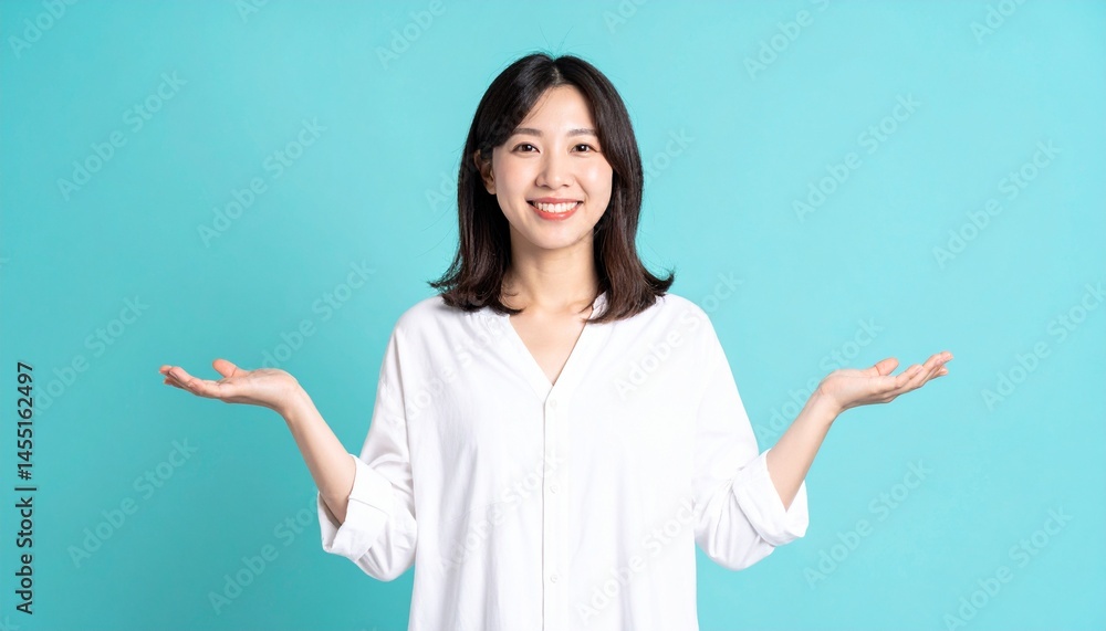 シンプルな白シャツを着た30代女性がミントブルーの背景で肩をすくめ、心地よい笑顔を見せるナチュラルなシーン
シンプルな白シャツを着た30代女性がミントブルーの背景で肩をすくめ、心地よい笑顔を見せるナチュラルなシーン