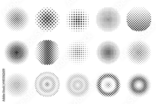 Halftone circle set with varied dot, star, square effects