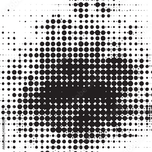 A dense array of overlapping black and white circles creates a dynamic abstract .
