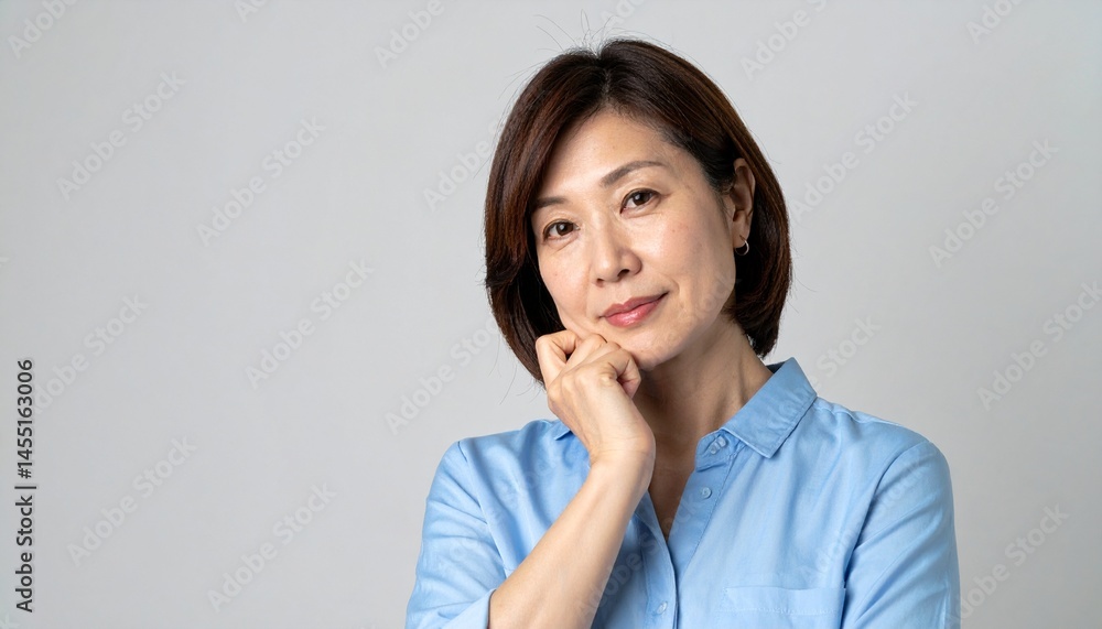 思案顔で首をかしげる40代女性、落ち着いた青系ブラウスを着て、淡いグレーの背景に映えるポートレート
思案顔で首をかしげる40代女性、落ち着いた青系ブラウスを着て、淡いグレーの背景に映えるポートレート