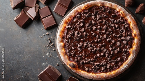Delicious chocolate pizza with melted chocolate chips and square chocolate pieces on dark background perfect for dessert or sweet treat