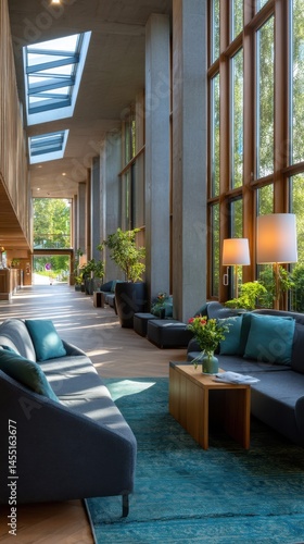 Sunlit contemporary hotel lounge area featuring comfortable seating, lush greenery, and natural light streaming through expansive windows.
