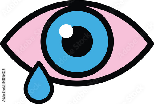 Human eye with blue iris and pink sclera shedding a single tear vector illustration simple design 