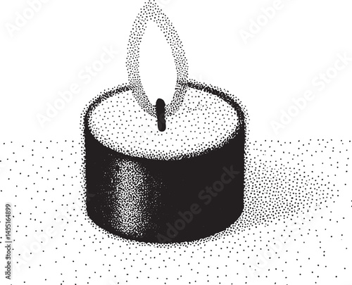 A dark tea light candle emits a gentle glow on a textured surface.