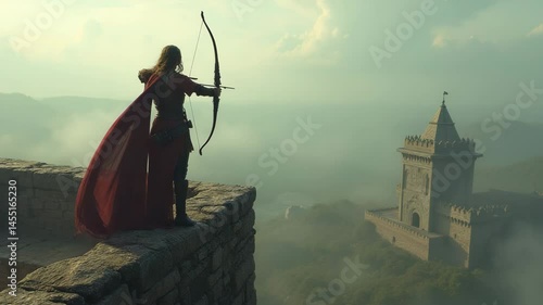 A female archer standing atop a tower, drawing her bow as the enemy approaches