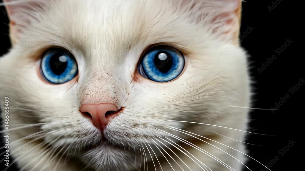 Blue Eyed Beauty: A captivating close-up of a white cat, its striking blue eyes shimmering against the dark, velvety backdrop. Focus on the detail of the eyes. Blue Eyed Beauty: A captivating close-up of a white cat, its striking blue eyes shimmering against the dark, velvety backdrop. Focus on the detail of the eyes.