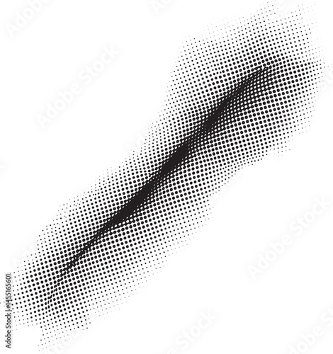 A bold black dramatically intersects a white background filled with tiny dots.