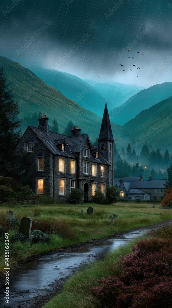 Manor house on a rainy day with mountains, cemetery, stream, and a flock of birds flying in the dramatic sky Manor house on a rainy day with mountains, cemetery, stream, and a flock of birds flying in the dramatic sky