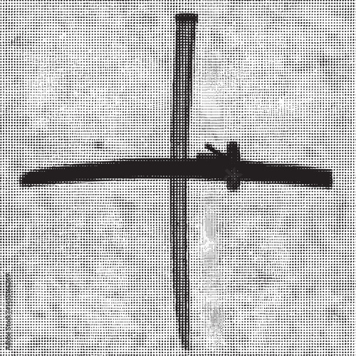A stark black cross intersects a horizontal gray on a white background.