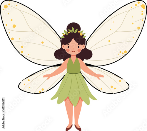 Fairy character with green dress and floral crown in cartoon style vector illustration 