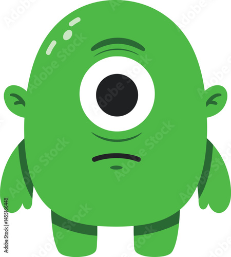 Green one-eyed monster cartoon character with small ears and simple limbs vector illustration 