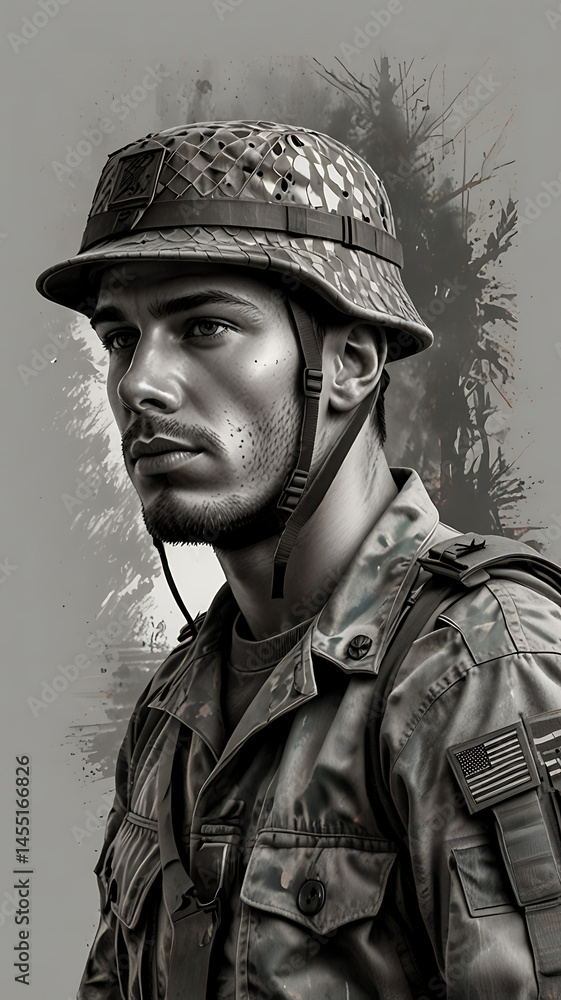 Naklejka premium Powerful Black and White Portrait of a Determined Soldier in Full Military Gear