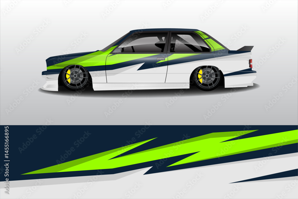 Sleek modified car with vibrant graphics on display Sleek modified car with vibrant graphics on display