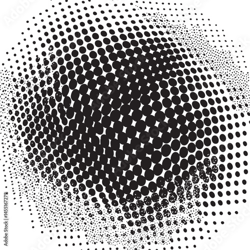 A dynamic expanding sphere of densely packed black dots creates a sense of movement and depth.