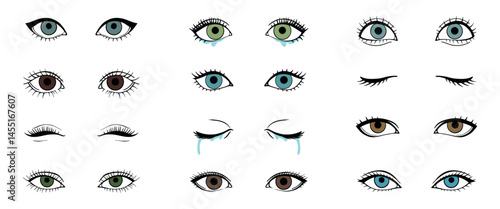 Cartoon female eyes. Colored vector closeup eyes of beautiful women for manga or pop art style on white background for your design