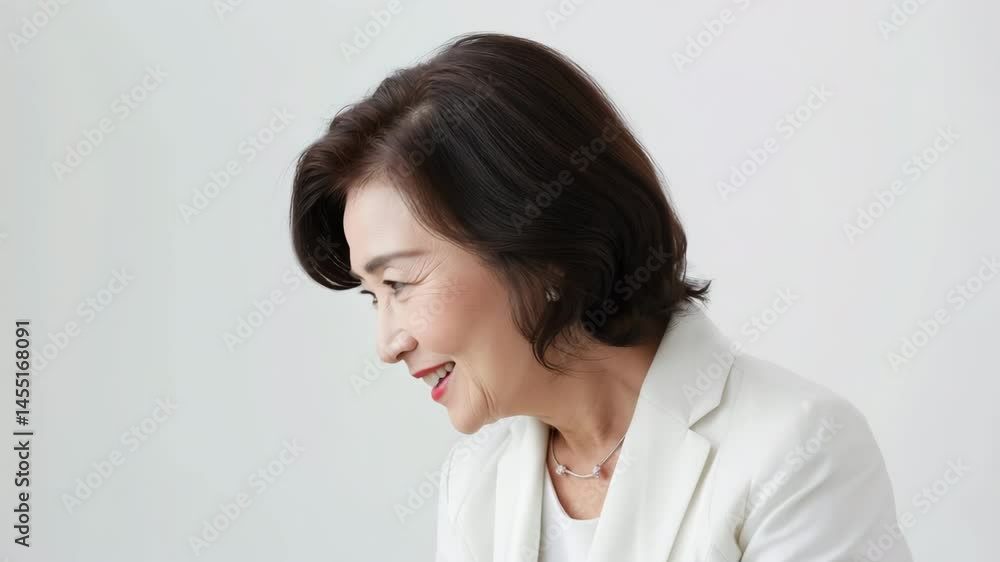 白背景で微笑む白いジャケットの日本人シニア女性 白背景で微笑む白いジャケットの日本人シニア女性
