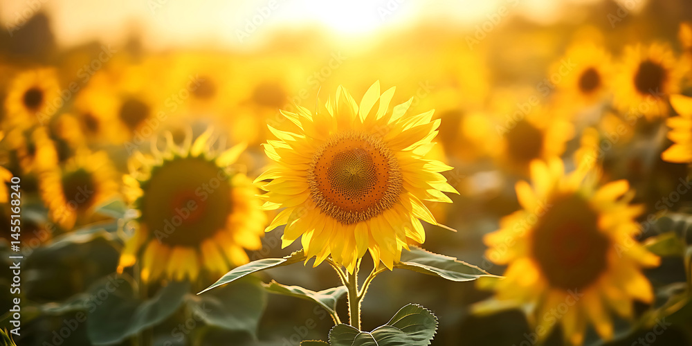 Fototapeta premium Stunning Sunflowers at Sunset: Golden Field Background