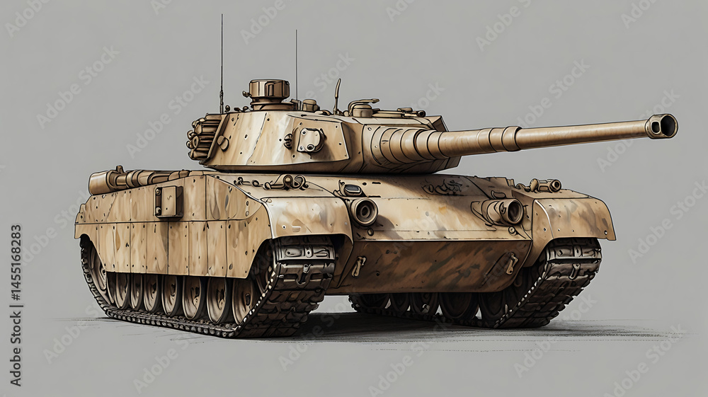 Fototapeta premium Vintage Tank Realistic Rendering: Military Armored Combat Vehicle in Desert Environment - Ground Combat and Modern Warfare Expertise