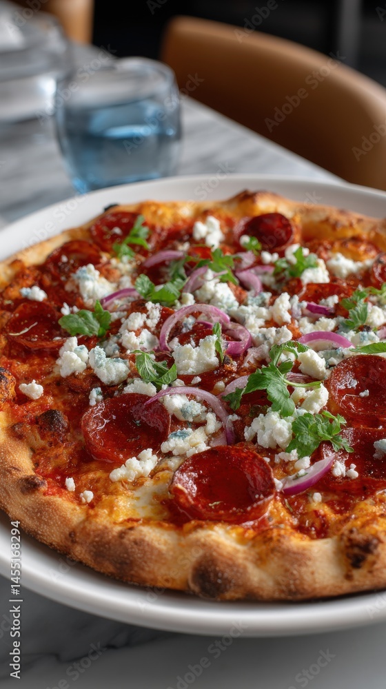 Close-up shot of a gourmet pizza with pepperoni, blue cheese, red onions, and fresh parsley on a white plate Close-up shot of a gourmet pizza with pepperoni, blue cheese, red onions, and fresh parsley on a white plate