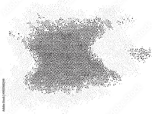 A dense collection of small black dots forms a textured shape against a white background.