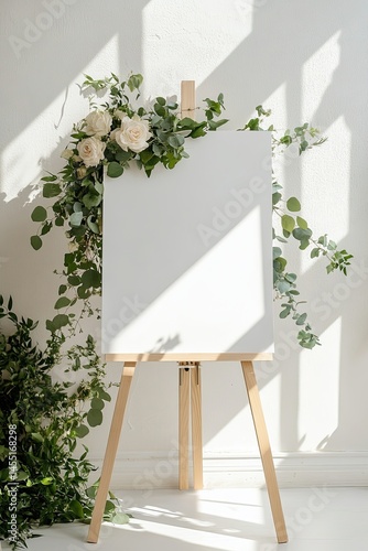 Blank canvas easel adorned with white roses and greenery, bathed in sunlight