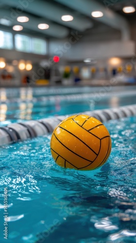 Yellow water polo ball floats on a pool surface with lane divider in the background at an indoor aquatic center.